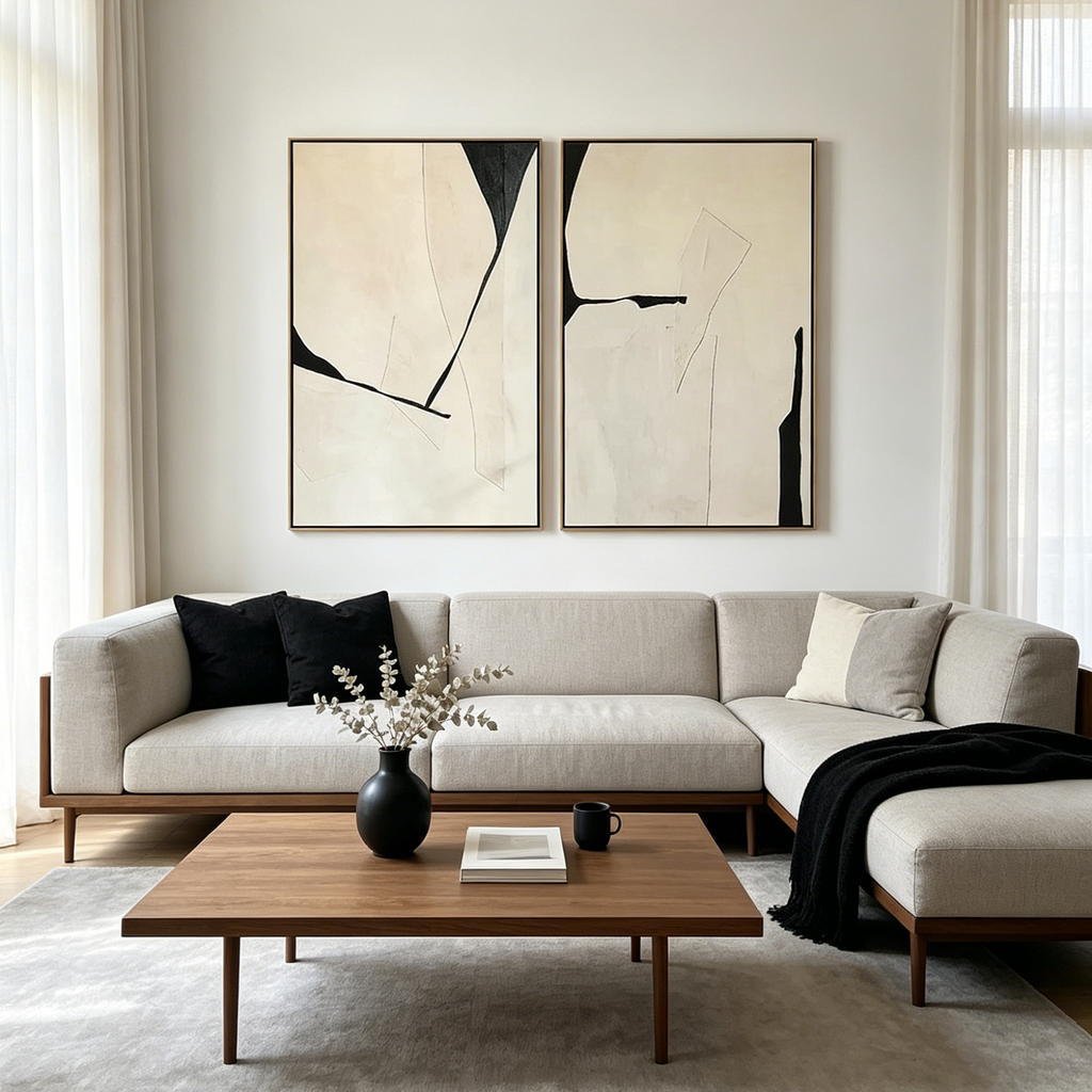 MINIMALIST ABSTRACT DIPTYCH: Black Beige Oil Painting Set of 2