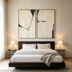MINIMALIST ABSTRACT DIPTYCH: Black Beige Oil Painting Set of 2