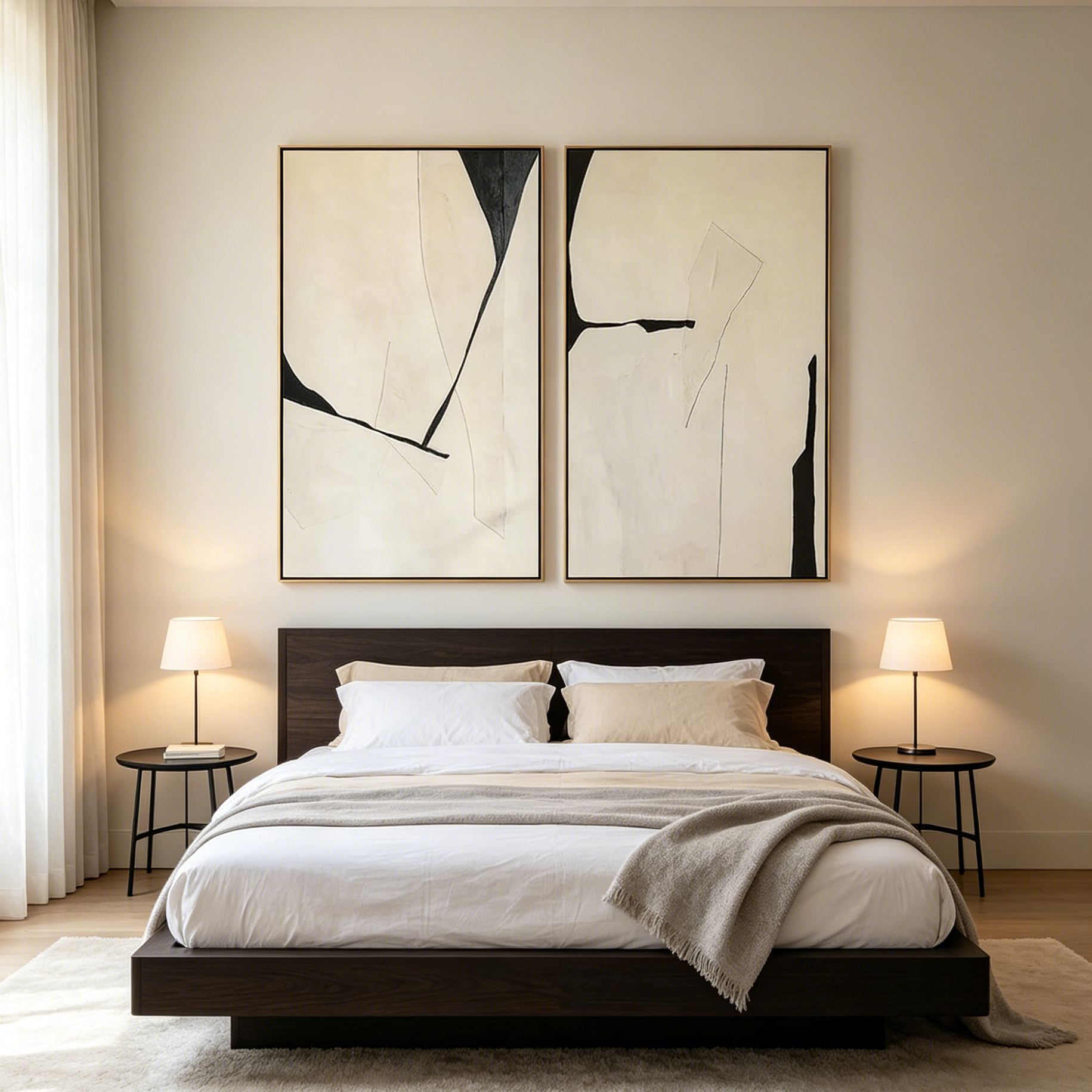 MINIMALIST ABSTRACT DIPTYCH: Black Beige Oil Painting Set of 2