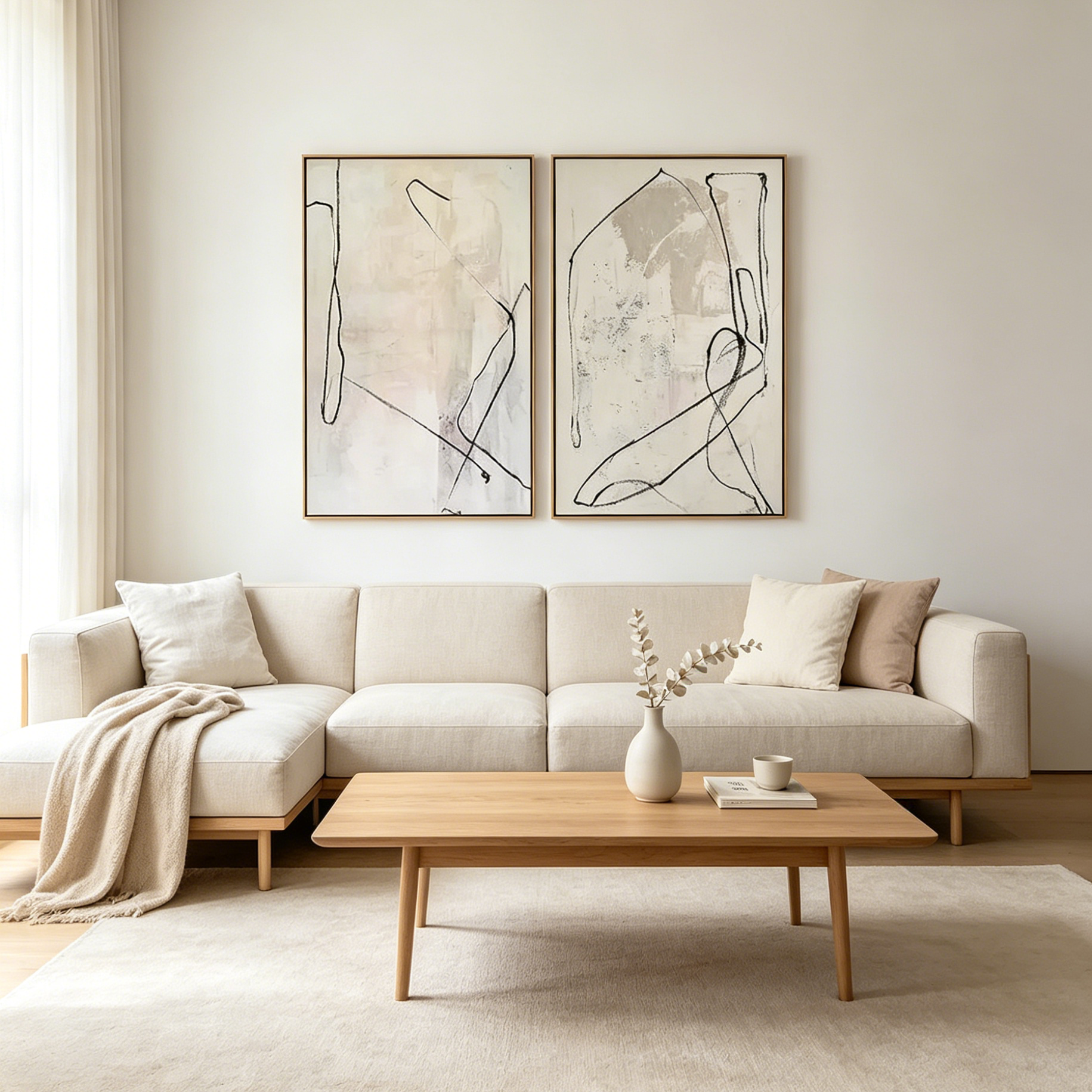 MINIMALIST ABSTRACT DIPTYCH: Soft Beige Textured Abstract Lines Canvas Set Of 2