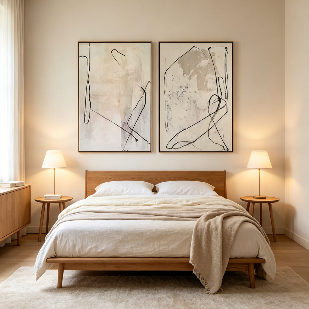 MINIMALIST ABSTRACT DIPTYCH: Soft Beige Textured Abstract Lines Canvas Set Of 2
