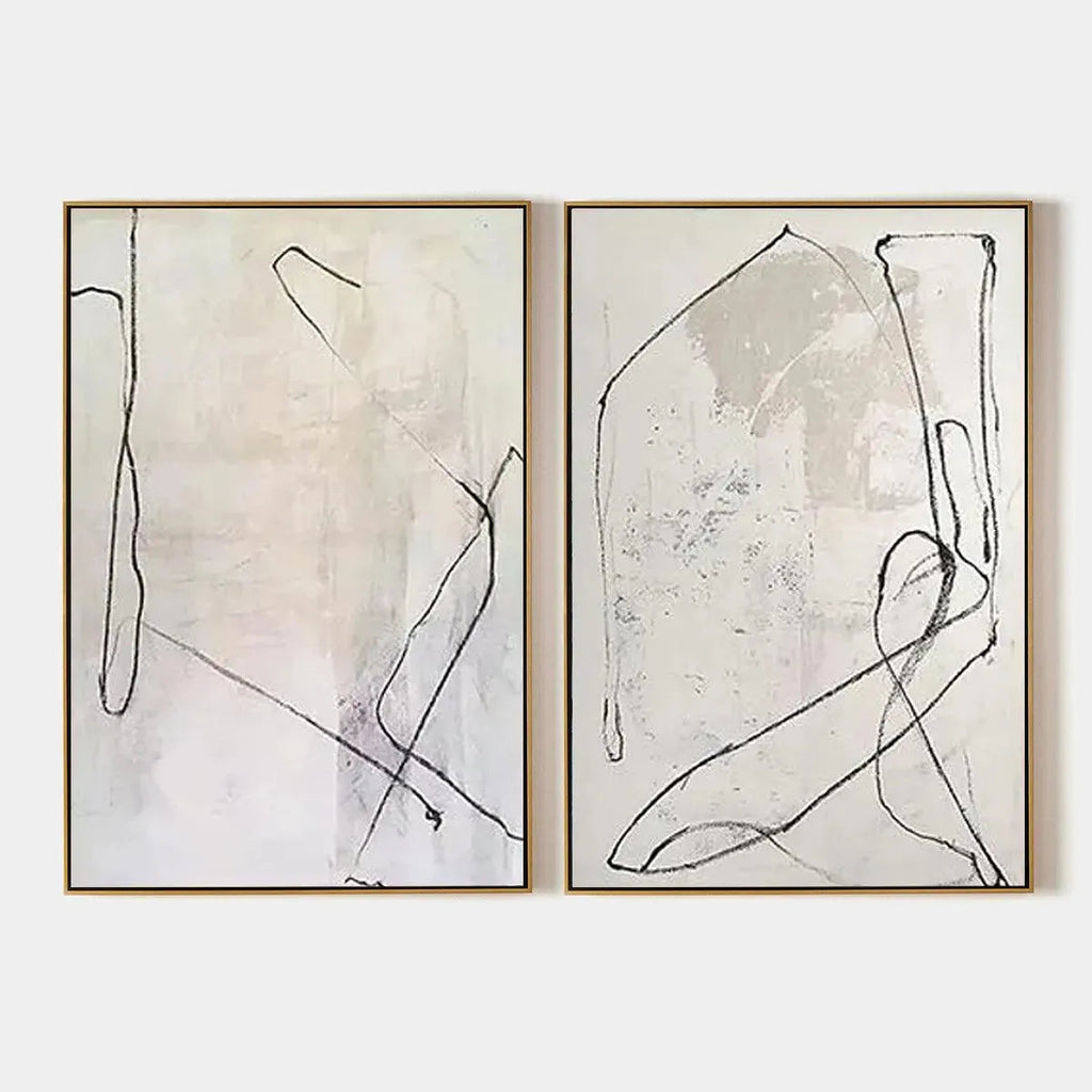 Minimalist abstract diptych set of 2 beige paintings with black gestural line art
