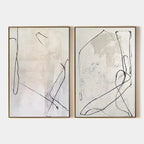 Minimalist abstract diptych set of 2 beige paintings with black gestural line art