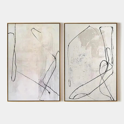 Minimalist abstract diptych set of 2 beige paintings with black gestural line art