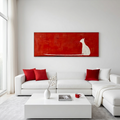 CAT ON RED : Bold Red Backdrop White Cat Minimalist Panoramic Canvas