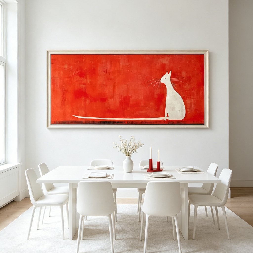 CAT ON RED : Bold Red Backdrop White Cat Minimalist Panoramic Canvas