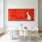 CAT ON RED : Bold Red Backdrop White Cat Minimalist Panoramic Canvas