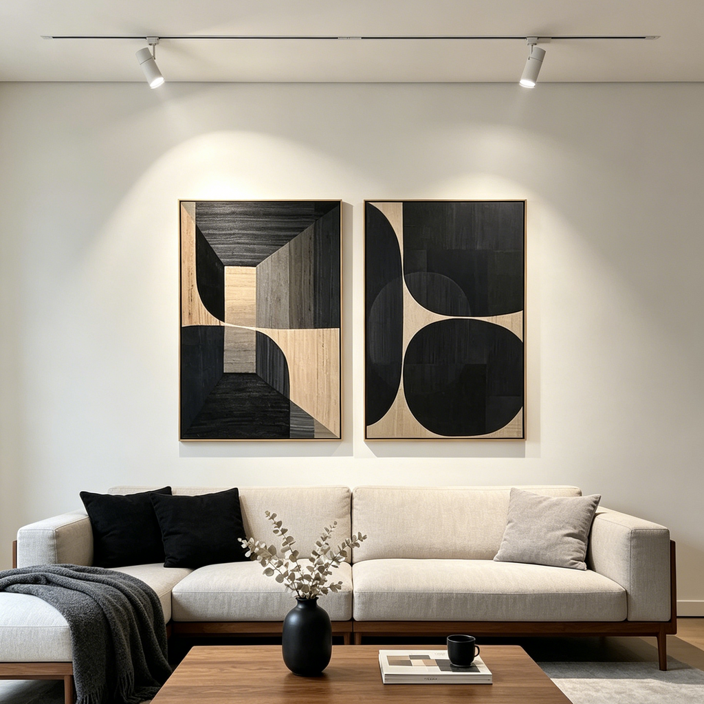 MINIMALIST GEOMETRIC DIPTYCH: Black Grey Beige Square Geometric Canvas Set of 2