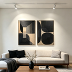 MINIMALIST GEOMETRIC DIPTYCH: Black Grey Beige Square Geometric Canvas Set of 2