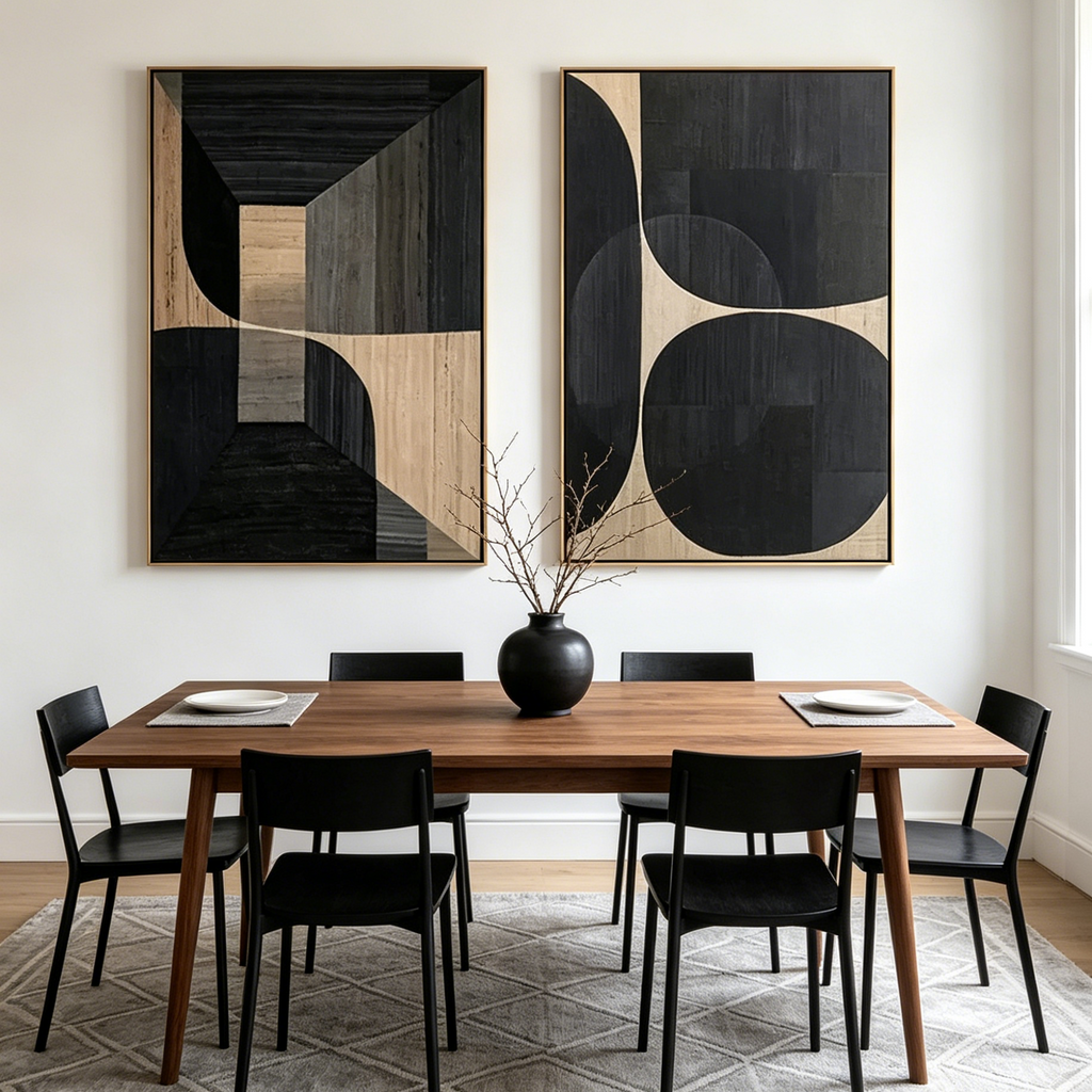 MINIMALIST GEOMETRIC DIPTYCH: Black Grey Beige Square Geometric Canvas Set of 2