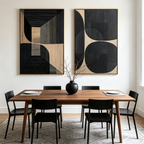 MINIMALIST GEOMETRIC DIPTYCH: Black Grey Beige Square Geometric Canvas Set of 2