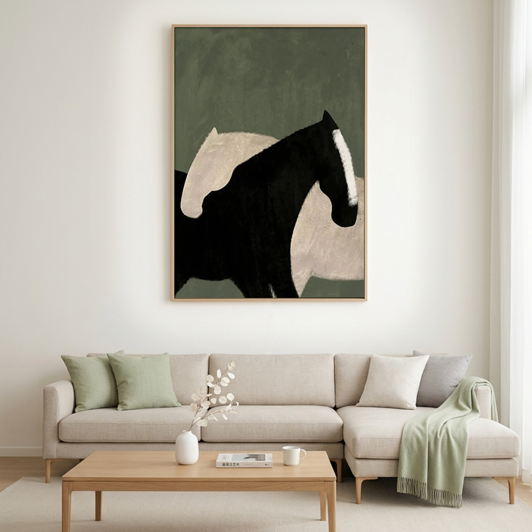MINIMALIST HORSES: Abstract Horses Muted Green Background Canvas
