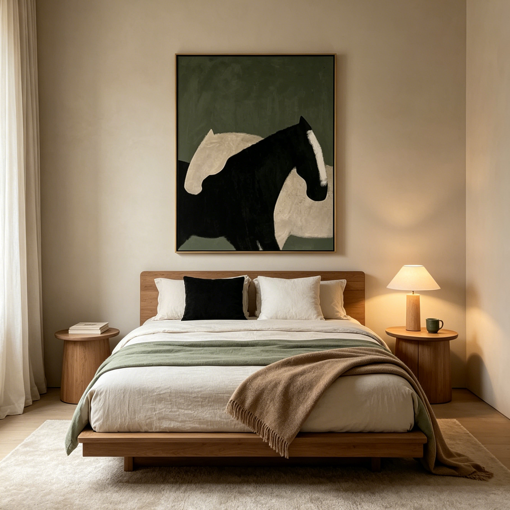 MINIMALIST HORSES: Abstract Horses Muted Green Background Canvas