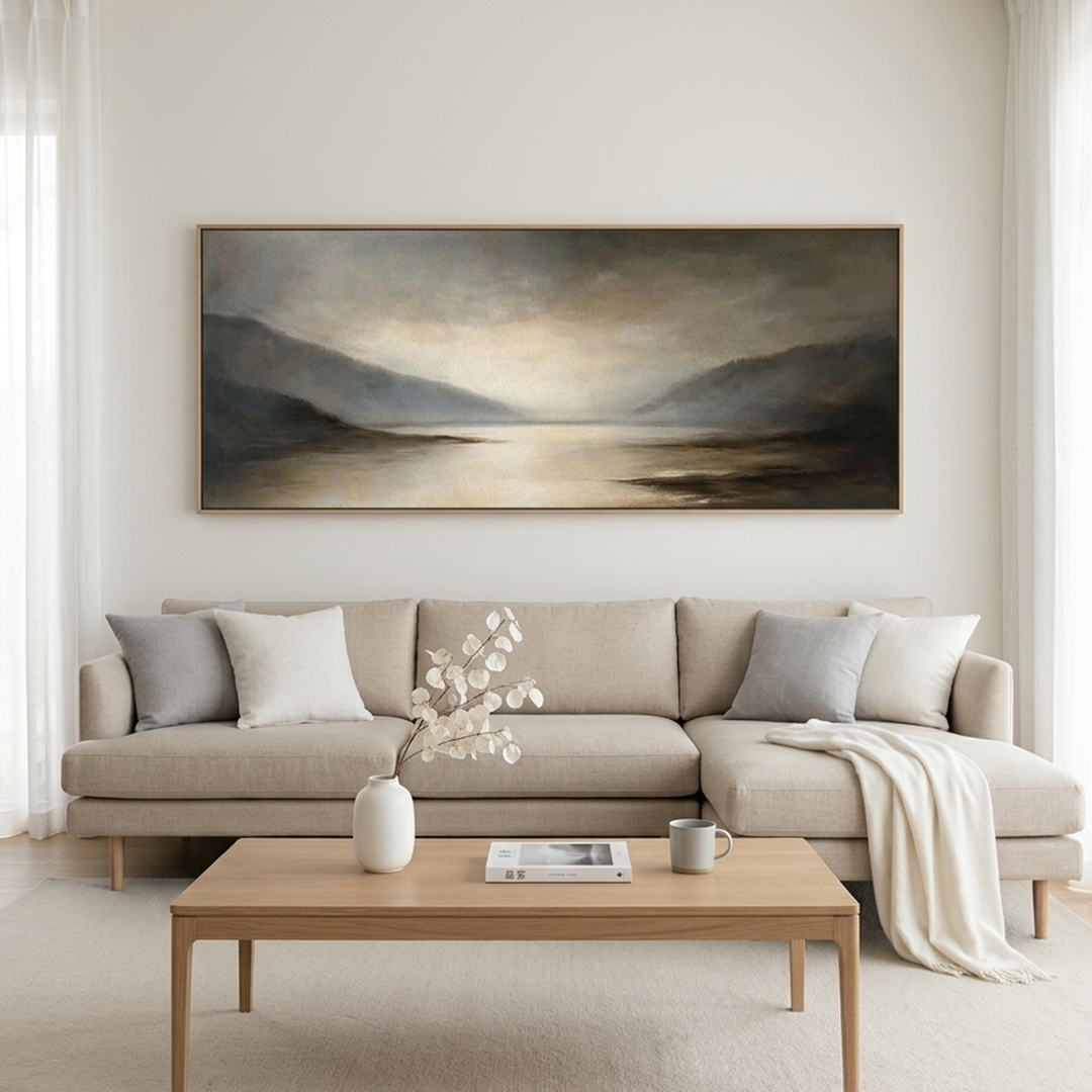 MISTY MORNING SERENITY: Panoramic Lake Fog Tones Calm Canvas