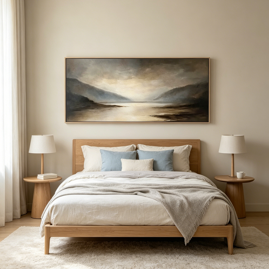 MISTY MORNING SERENITY: Panoramic Lake Fog Tones Calm Canvas