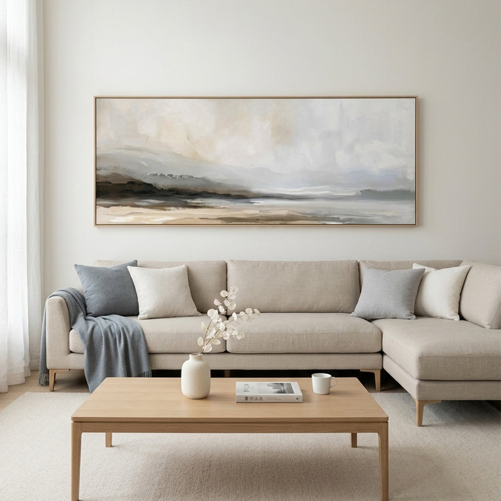 MISTY MOUNTAIN LAKE PANORAMIC: Soft Fog Lake Calm Minimalist Canvas