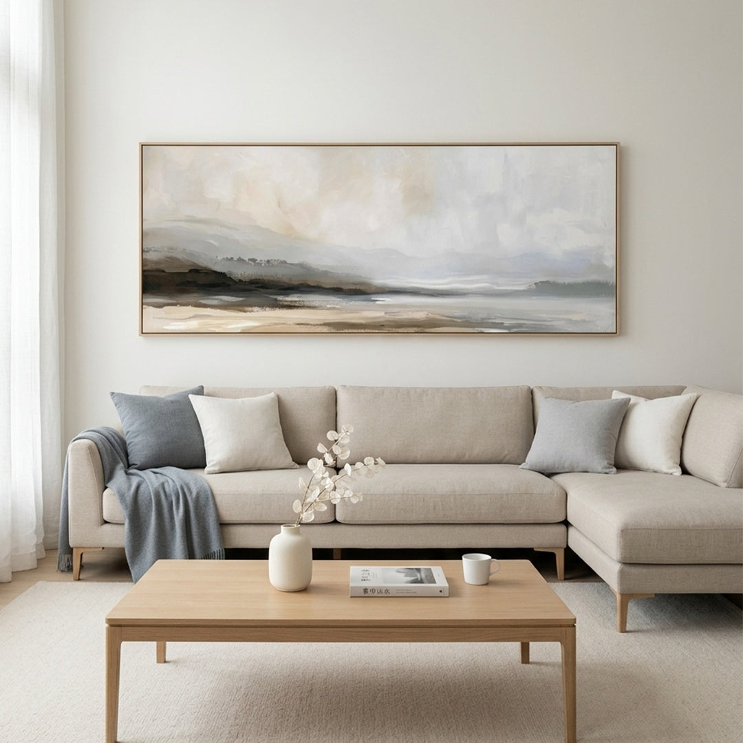 MISTY MOUNTAIN LAKE PANORAMIC: Soft Fog Lake Calm Minimalist Canvas