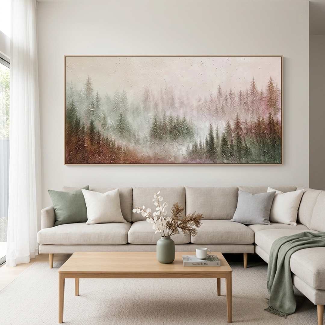 MISTY PINES: Panoramic Soft Fog Pine Forest Calm Green Grey Canvas