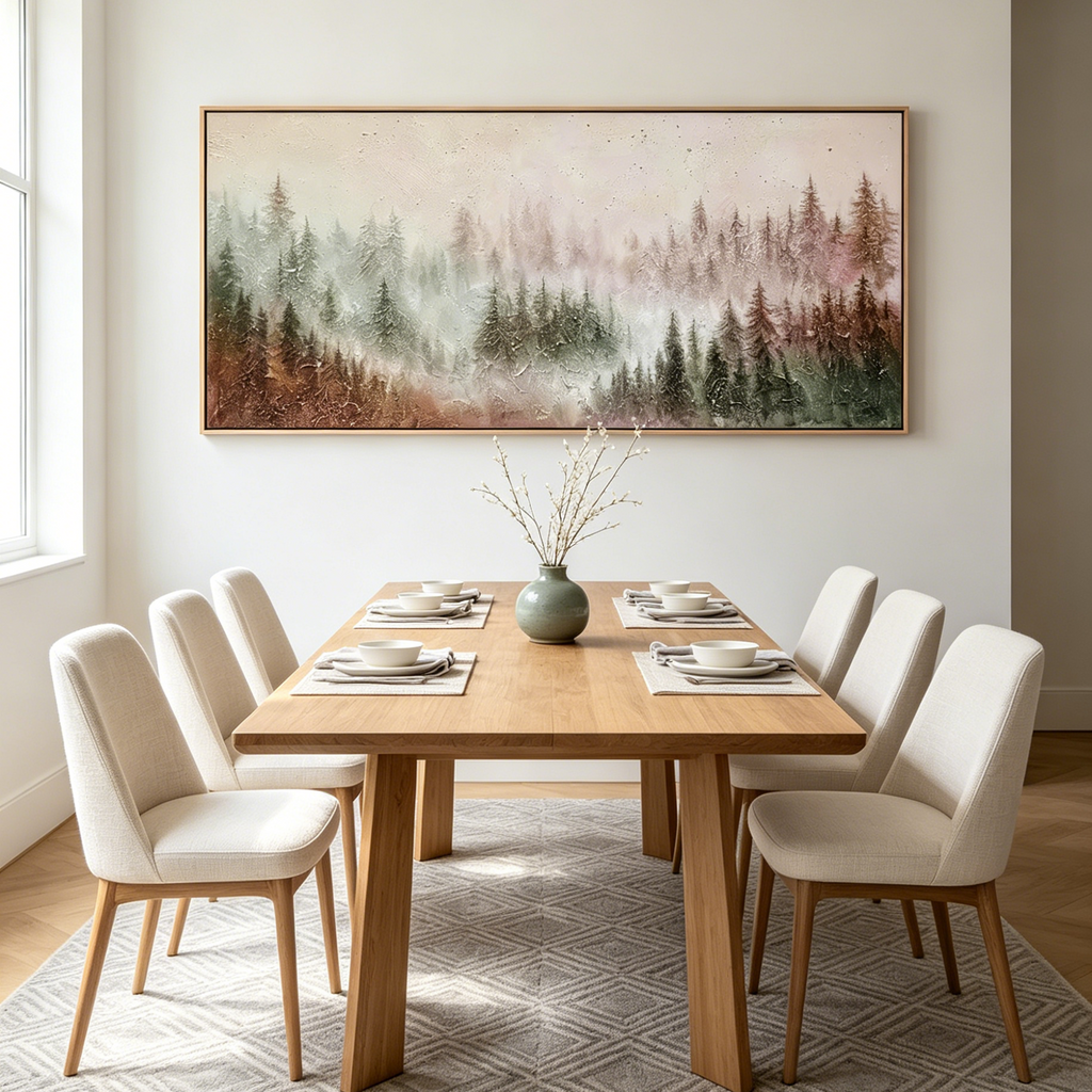 MISTY PINES: Panoramic Soft Fog Pine Forest Calm Green Grey Canvas