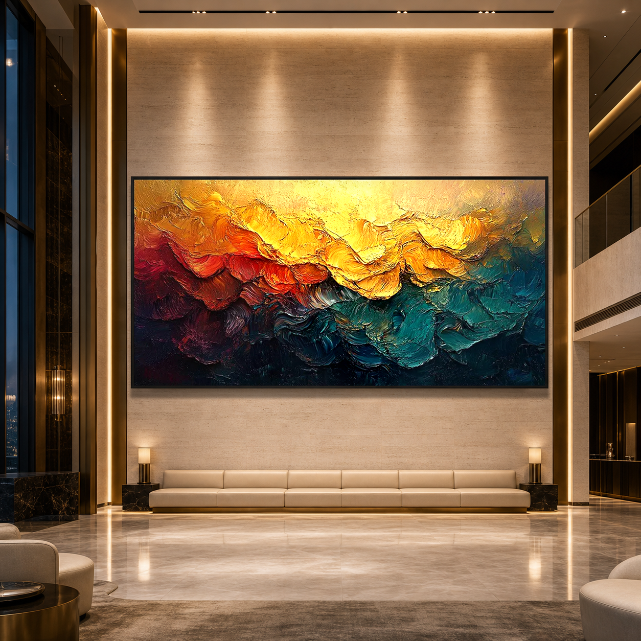 MOLTEN HORIZON: Warm Orange Red Teal Impasto Abstract Canvas