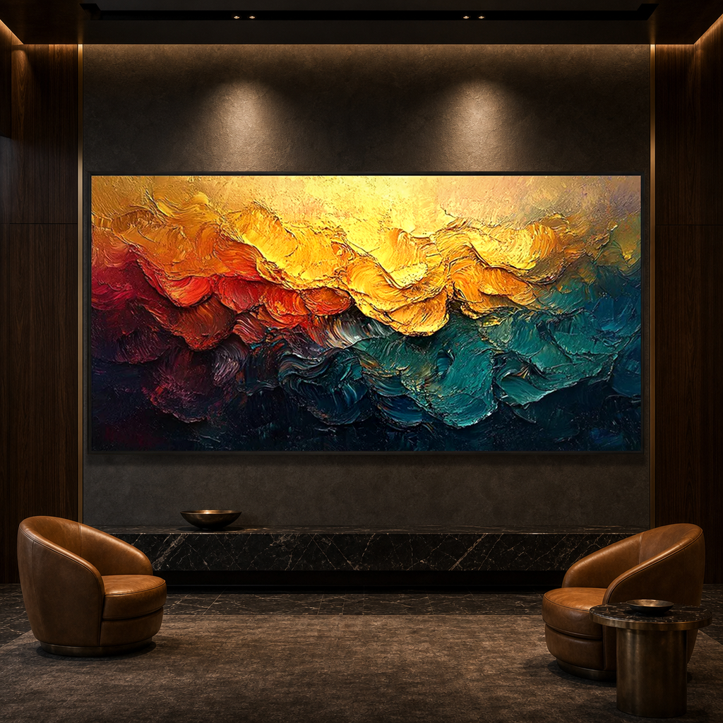MOLTEN HORIZON: Warm Orange Red Teal Impasto Abstract Canvas