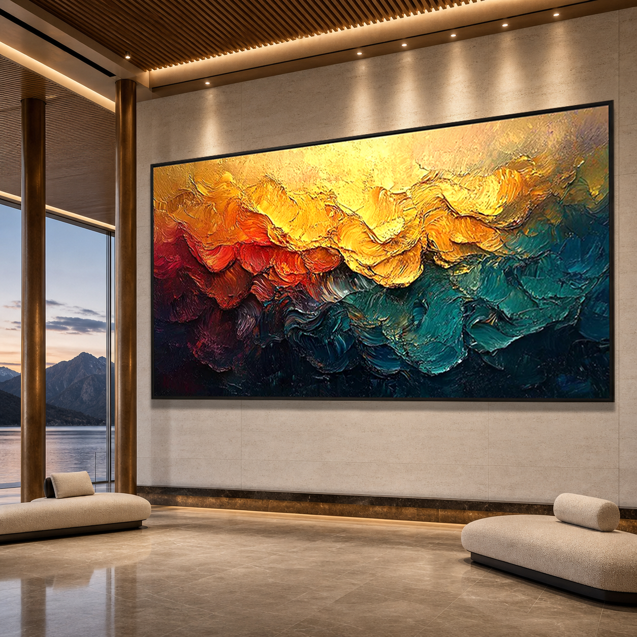 MOLTEN HORIZON: Warm Orange Red Teal Impasto Abstract Canvas