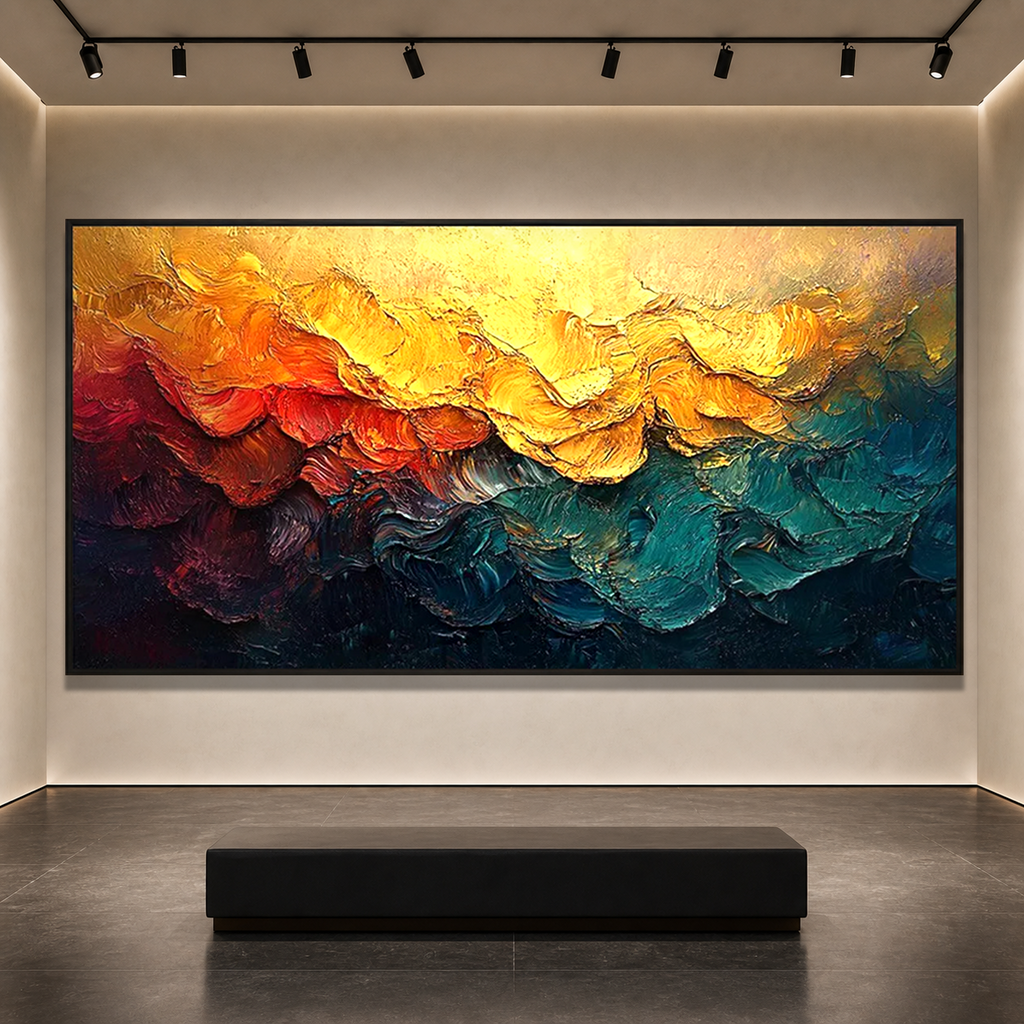 MOLTEN HORIZON: Warm Orange Red Teal Impasto Abstract Canvas