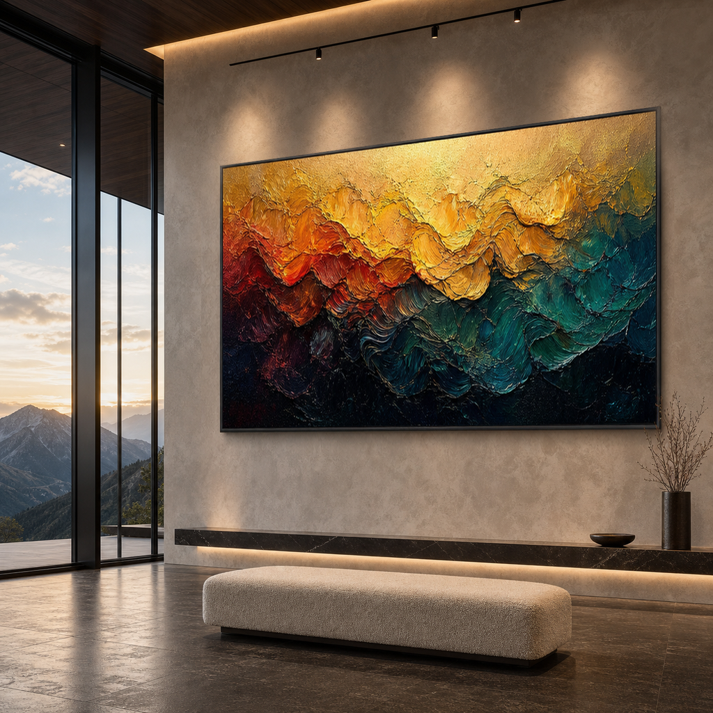 MOLTEN HORIZON: Warm Orange Red Teal Impasto Abstract Canvas