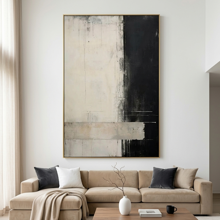 MONOCHROME MINIMALISM: Stark Black White Textured Abstract Oil Painting