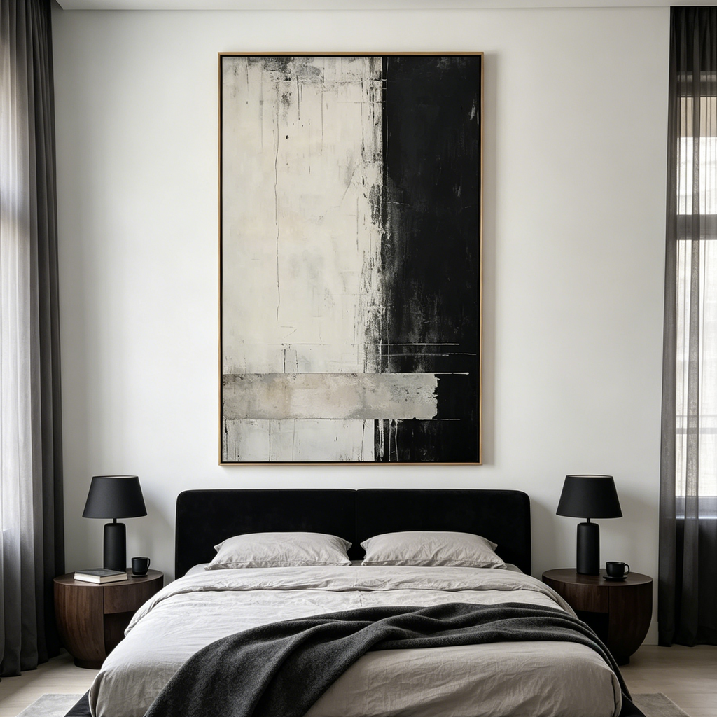 MONOCHROME MINIMALISM: Stark Black White Textured Abstract Oil Painting