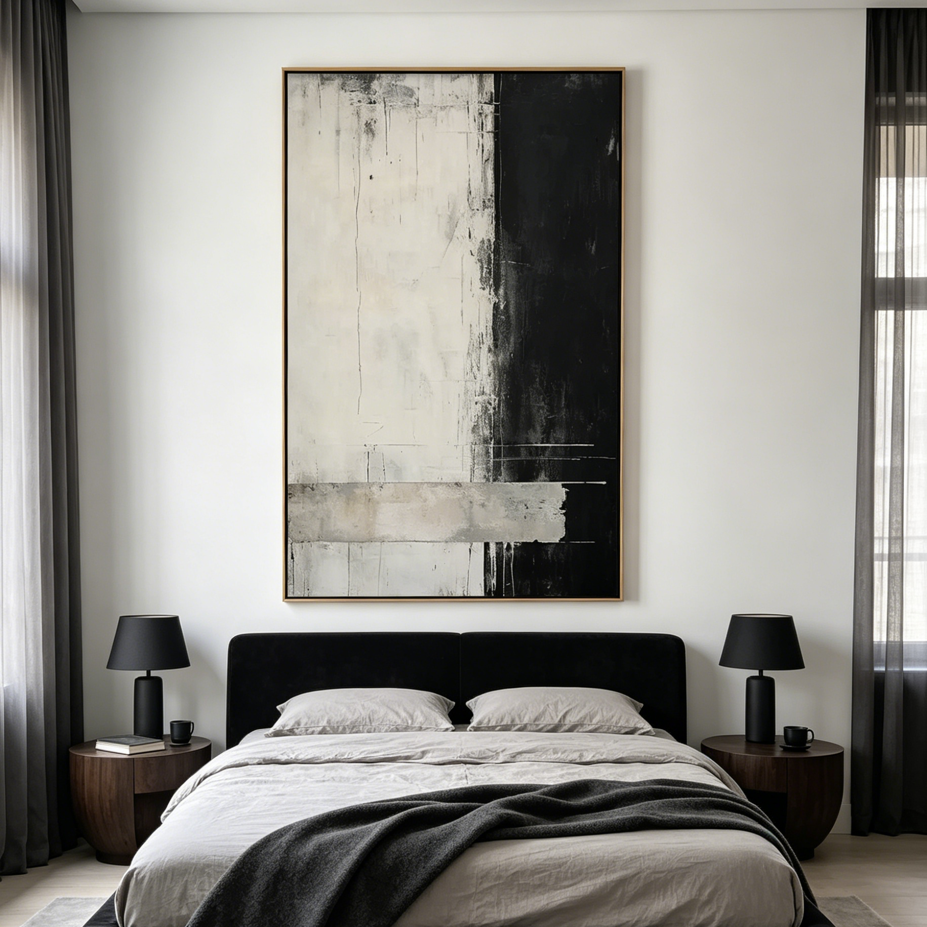 MONOCHROME MINIMALISM: Stark Black White Textured Abstract Oil Painting