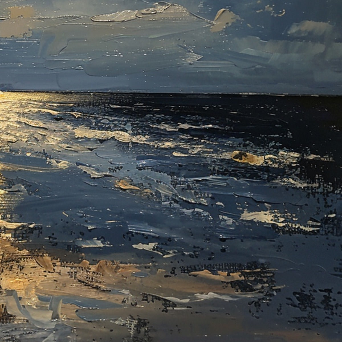 MOONLIT SERENITY: Moonlit Beach Deep Blue Textured Impressionist Canvas