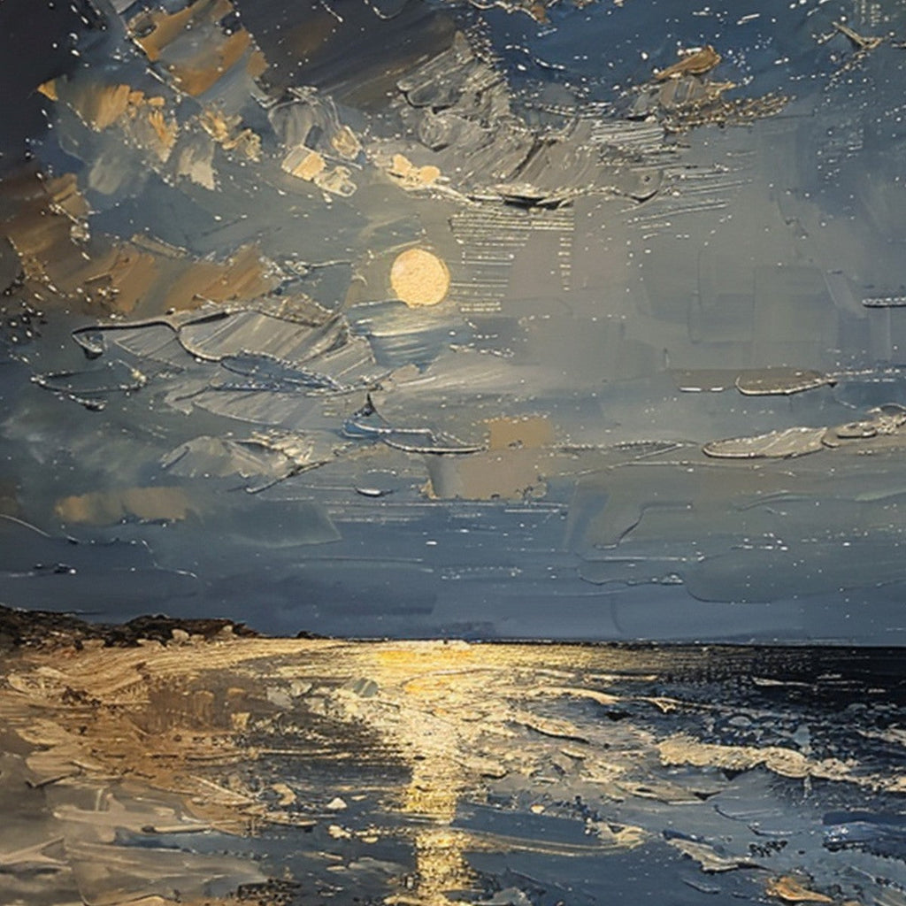 MOONLIT SERENITY: Moonlit Beach Deep Blue Textured Impressionist Canvas