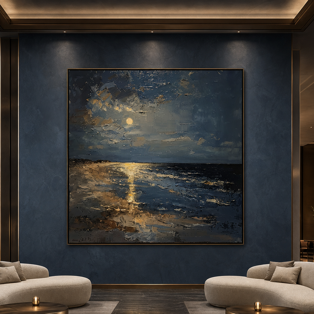 MOONLIT SERENITY: Moonlit Beach Deep Blue Textured Impressionist Canvas