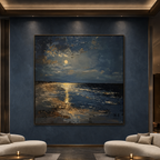 MOONLIT SERENITY: Moonlit Beach Deep Blue Textured Impressionist Canvas