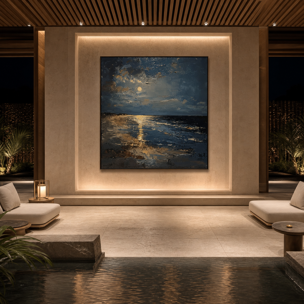 MOONLIT SERENITY: Moonlit Beach Deep Blue Textured Impressionist Canvas