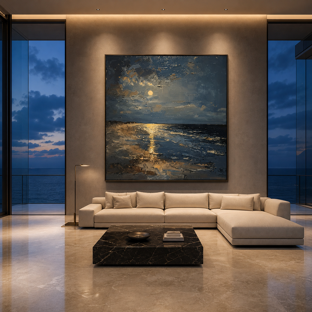 MOONLIT SERENITY: Moonlit Beach Deep Blue Textured Impressionist Canvas