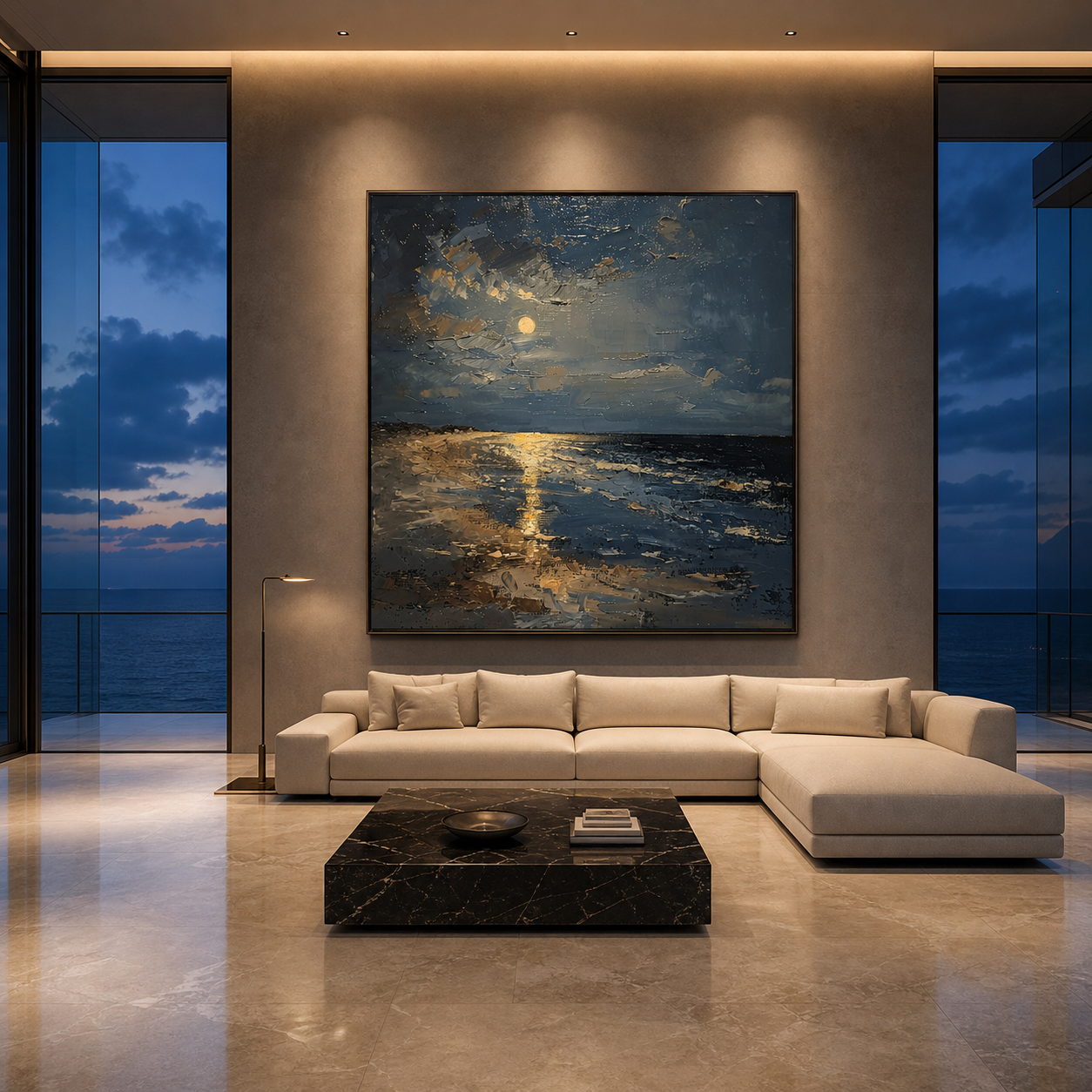 MOONLIT SERENITY: Moonlit Beach Deep Blue Textured Impressionist Canvas