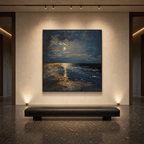 MOONLIT SERENITY: Moonlit Beach Deep Blue Textured Impressionist Canvas