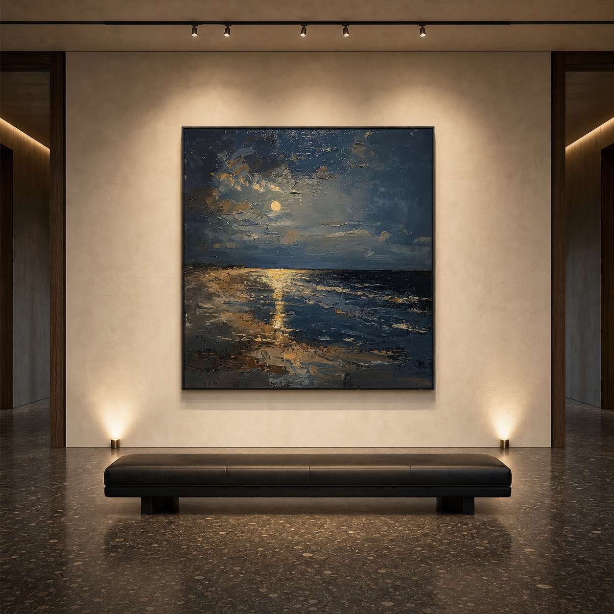 MOONLIT SERENITY: Moonlit Beach Deep Blue Textured Impressionist Canvas