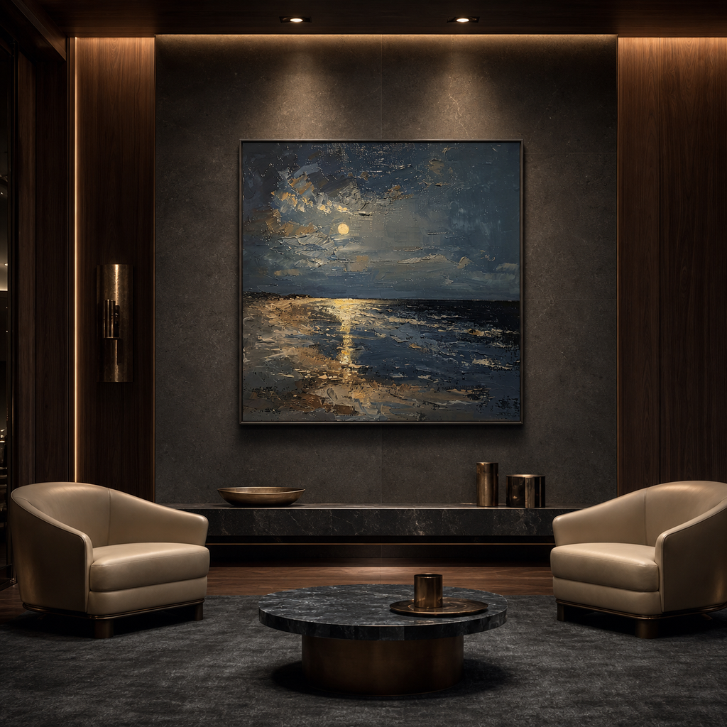 MOONLIT SERENITY: Moonlit Beach Deep Blue Textured Impressionist Canvas