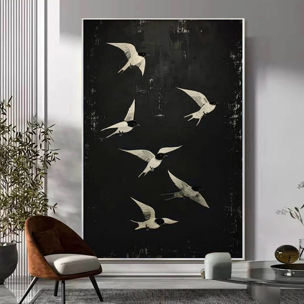 FLIGHT: Minimalist Birds in Motion Oil Painting Tranquil Balance