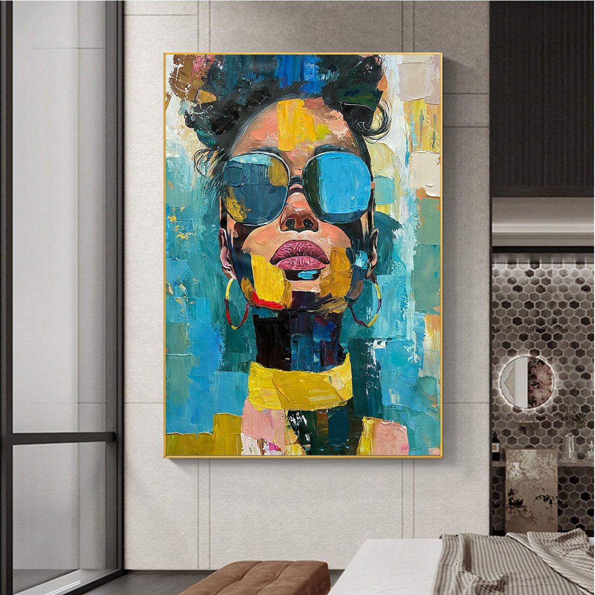 GOLDEN GAZE: Impasto Woman Portrait Wall Art Modern Canvas
