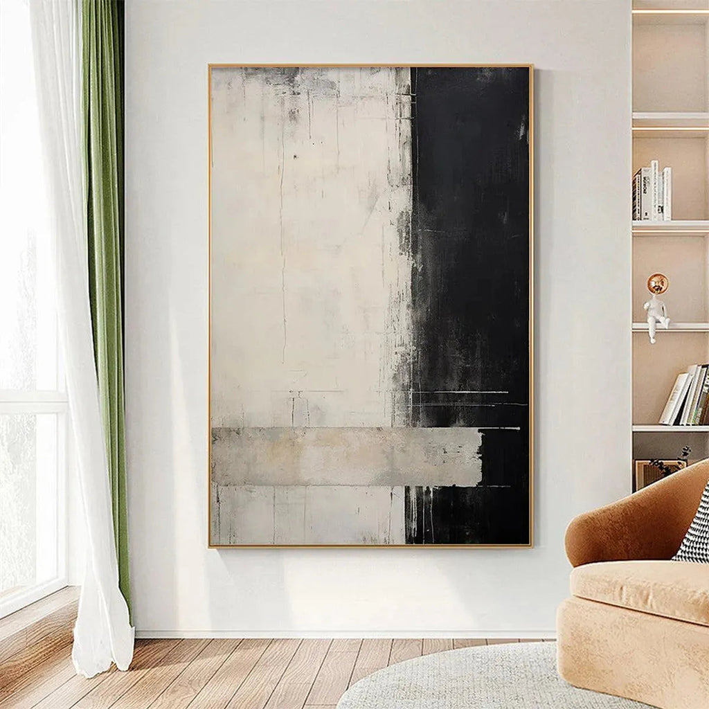 Monochrome Minimalism: Abstract Painting | Black and White Wall Art | Textured Canvas | Vertical