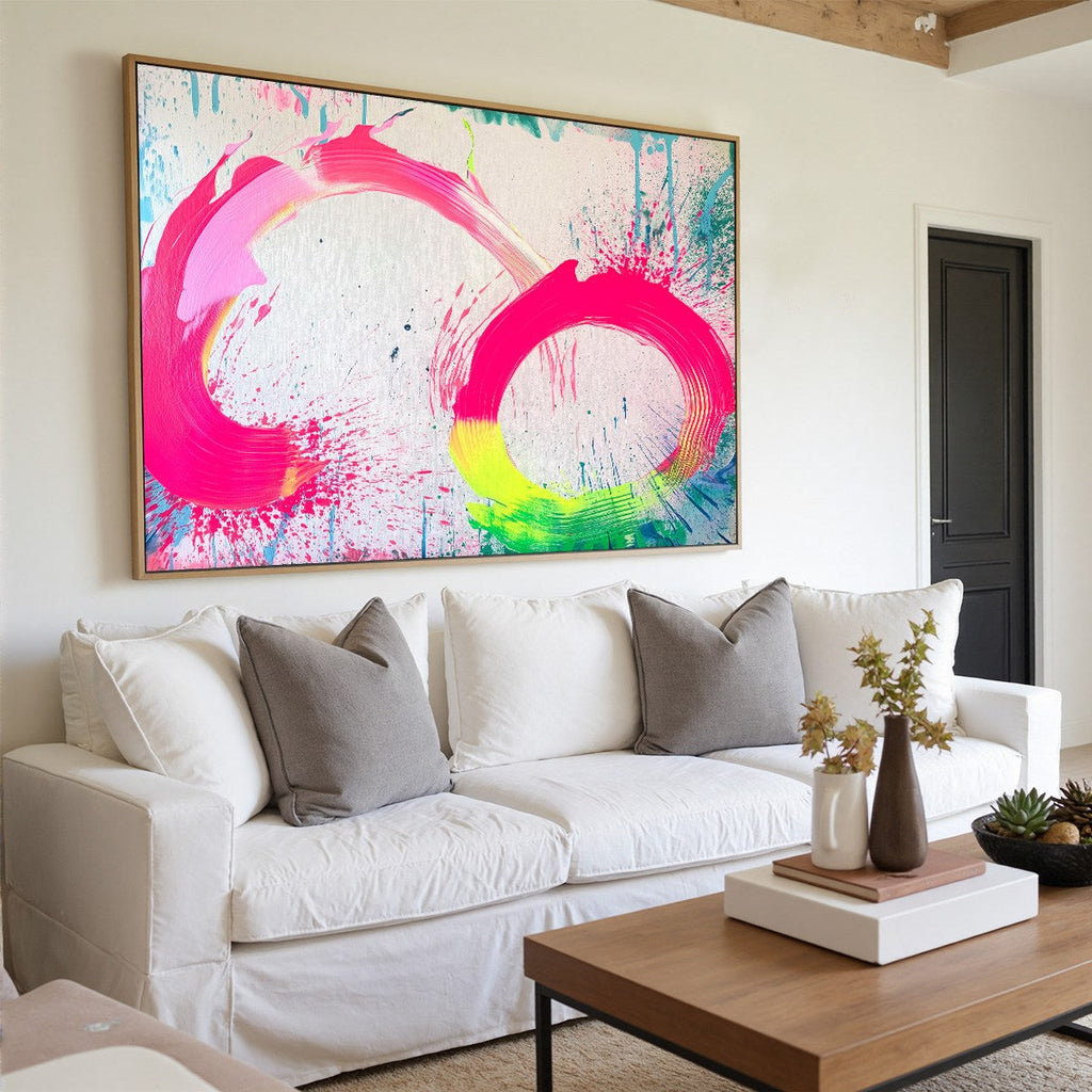 NEON BLOOM: Neon Pink Green Yellow Swirls Splatter White Background Canvas