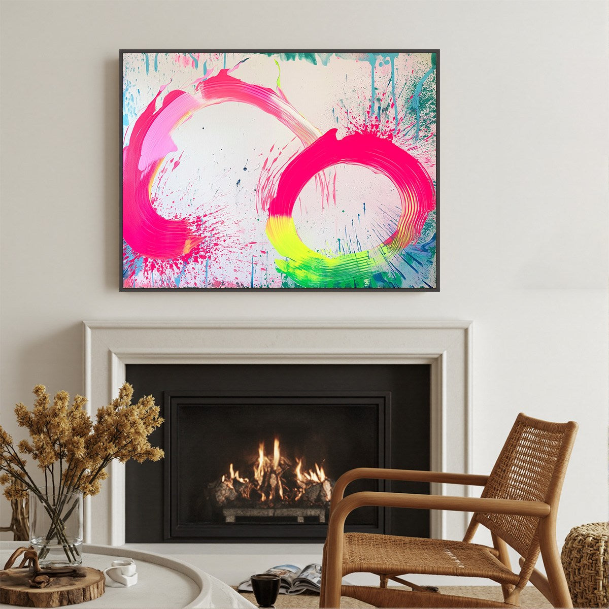NEON BLOOM: Neon Pink Green Yellow Swirls Splatter White Background Canvas