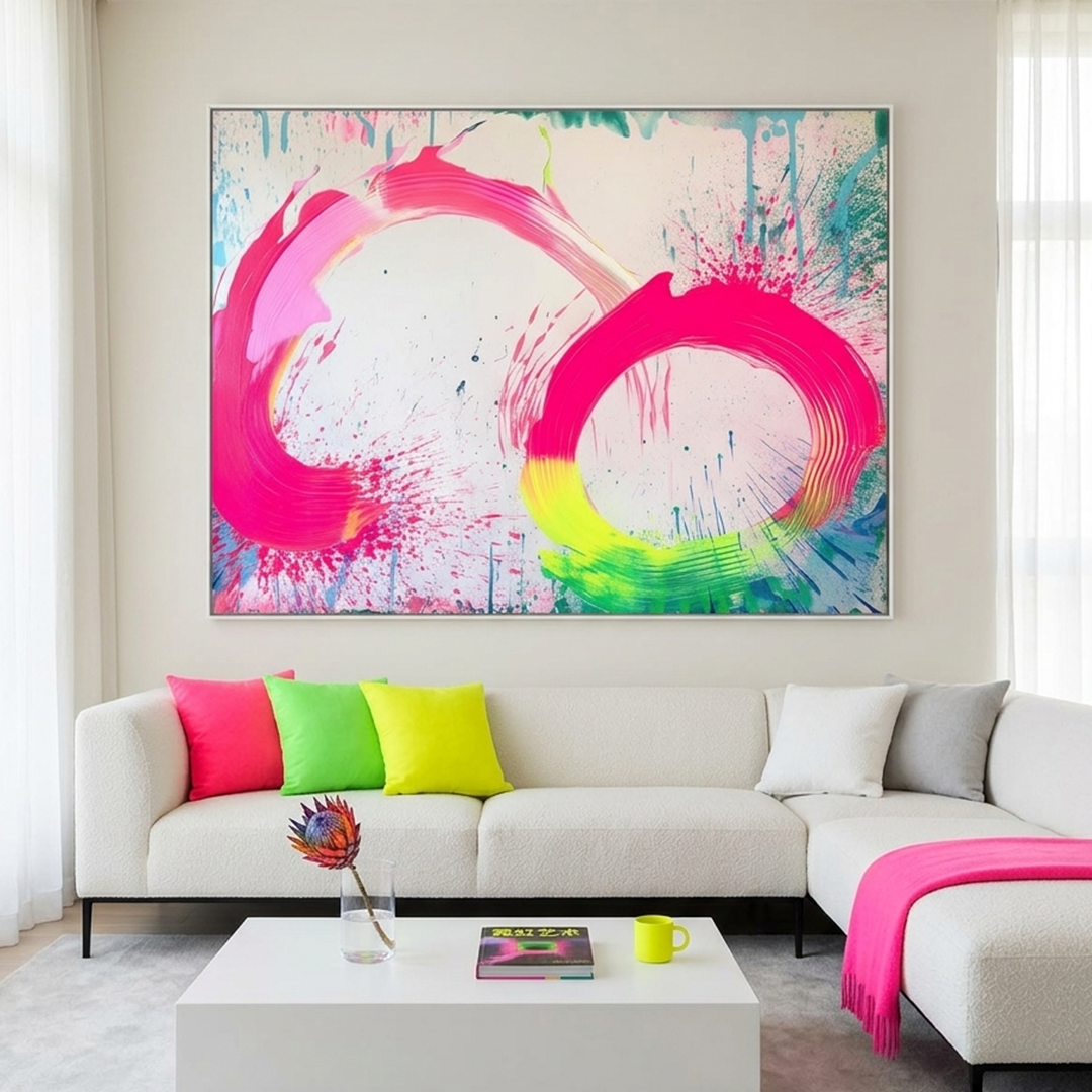 NEON BLOOM: Neon Pink Green Yellow Swirls Splatter White Background Canvas