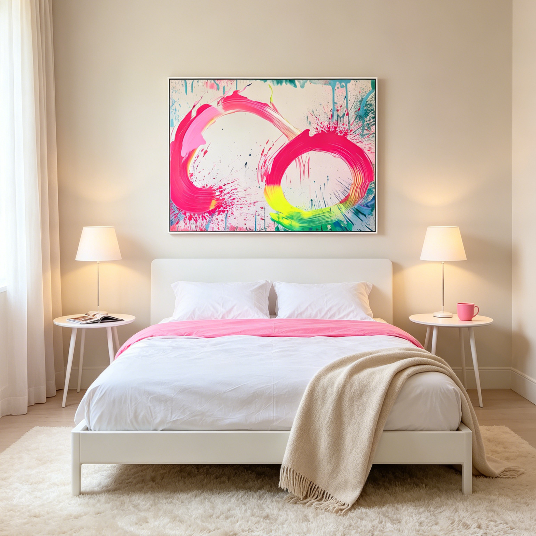 NEON BLOOM: Neon Pink Green Yellow Swirls Splatter White Background Canvas