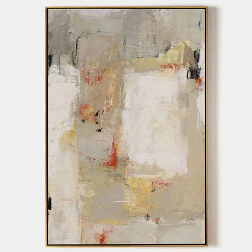 Minimalist Abstract Painting in Neutral Tones by Javier Ramirez. Vertical wall art with textured brushstrokes and gold frame.