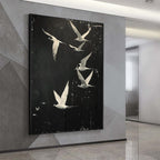 NIGHT FLIGHT: Monochromatic Night Sky Birds Textured Oil Painting